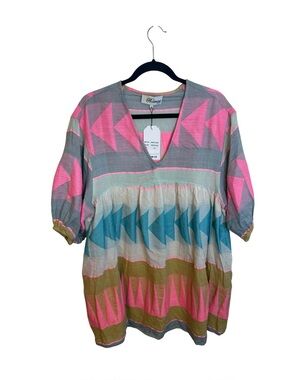 NWT Bianca Paris Neon Pink Short Sleeve Ikat Mini Dress